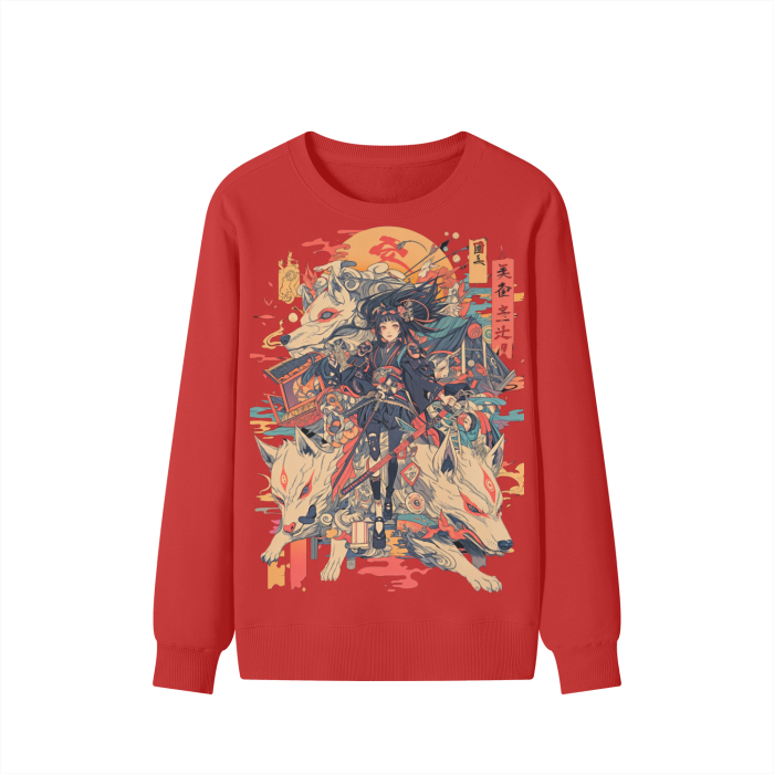 Sepia Fox Yokai Samurai Scroll Girl Streetwear Pullover Classic Sweater - 300 GSM