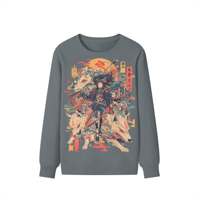 Sepia Fox Yokai Samurai Scroll Girl Streetwear Pullover Classic Sweater - 300 GSM