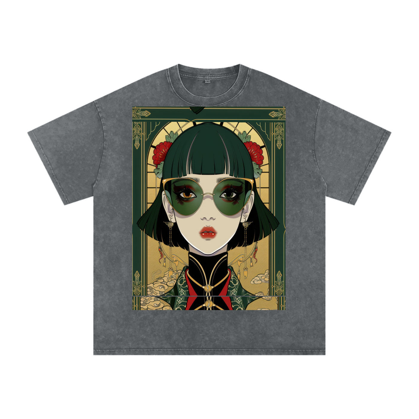 Green Steam Punk Avant Anime lady Unisex Tee Snow Washed Oversized Cotton T-Shirt