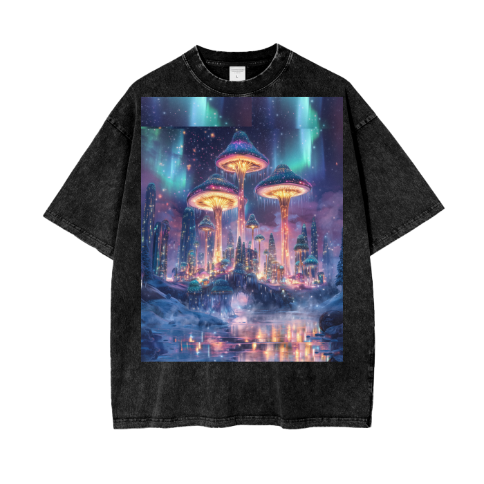 Mushroom City Northern Lights Borealis Bridge Psychedelic Dreamscape Festival Psy Streetwear Acid Wash Oversize T-Shirt - 250 GSM