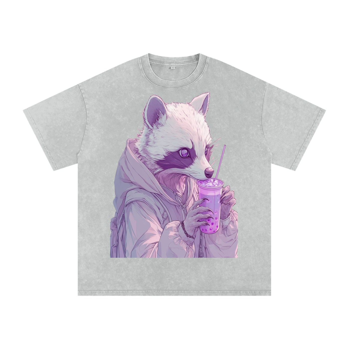 Pastel Pink Lavender Racoon Rainy Day Grunge Punk Anime Boba Tea Boyfriend fit Acid Wash Oversize T-Shirt - Cotton Acid Wash Oversize T-Shirt - 250 GSM