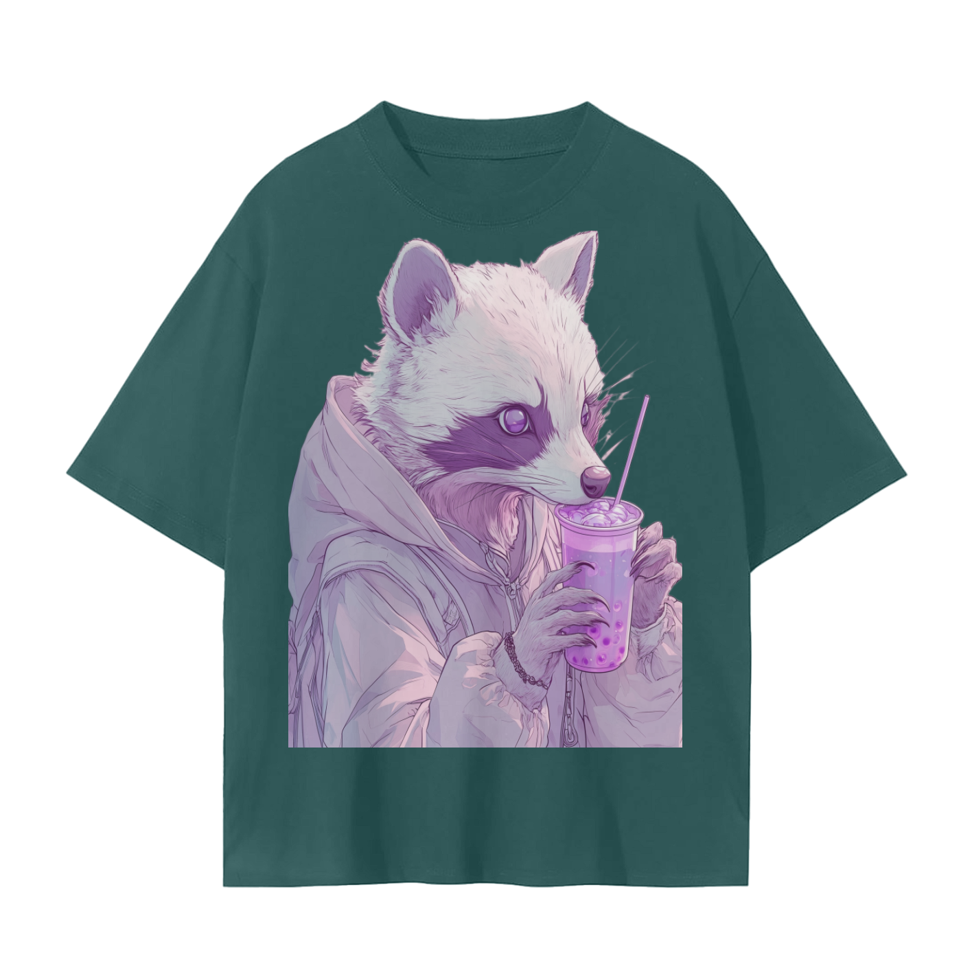 Pastel Pink Lavender Racoon Rainy Day Grunge Punk Anime Boba Tea - Cotton Unisex Seamless T-Shirt - 230 GSM