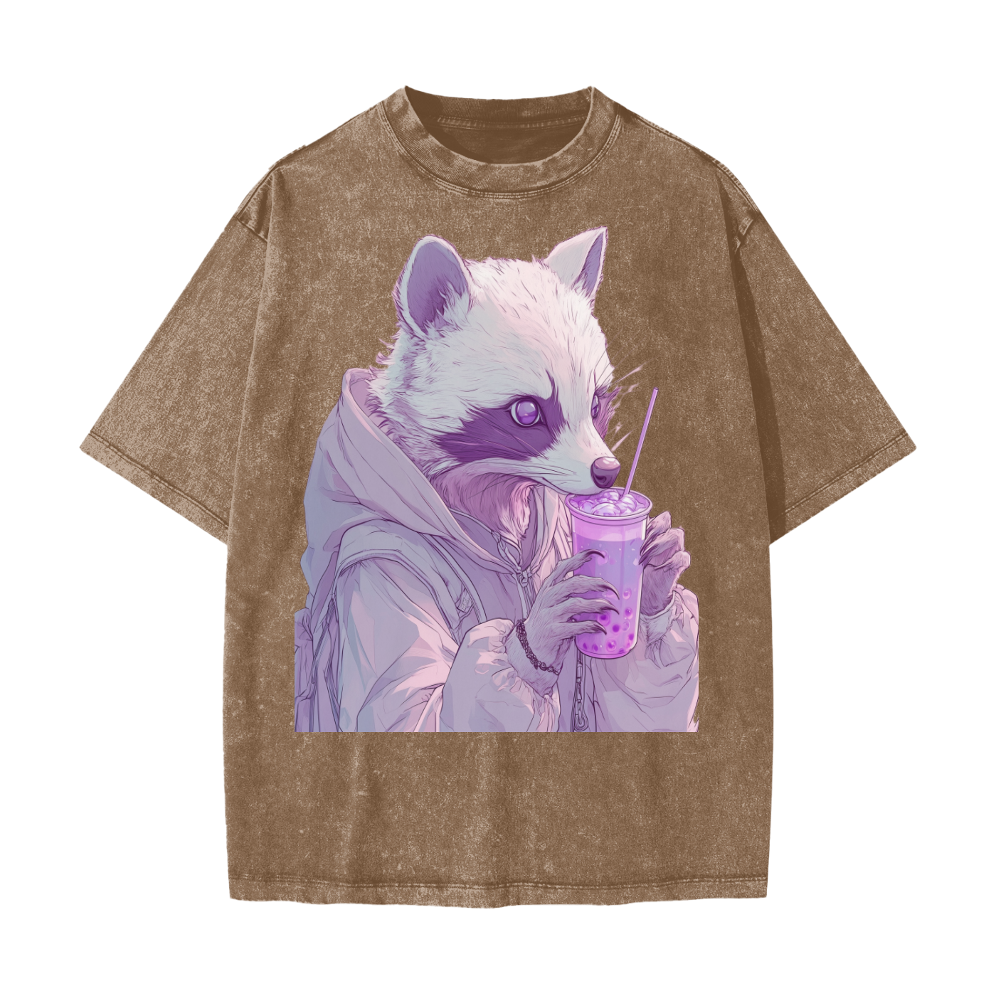 Pastel Pink Lavender Racoon Rainy Day Grunge Punk Anime Boba Tea Boyfriend fit Acid Wash Oversize T-Shirt - CottonHeavyweight Snow Washed T-Shirt