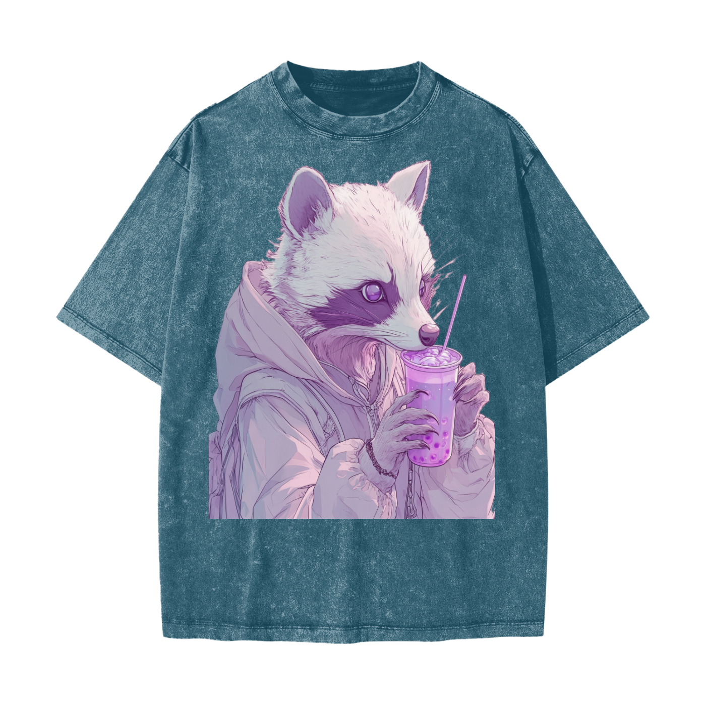 Pastel Pink Lavender Racoon Rainy Day Grunge Punk Anime Boba Tea Boyfriend fit Acid Wash Oversize T-Shirt - CottonHeavyweight Snow Washed T-Shirt