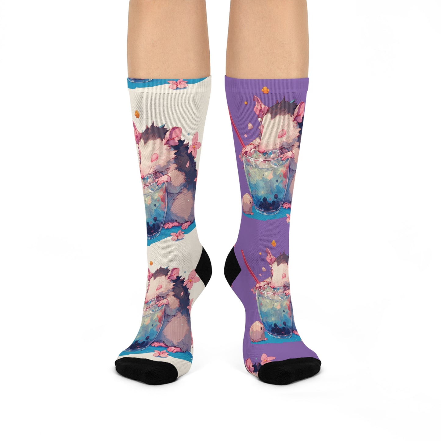 Opossum Boba Tea Watercolor Cherry Blossom Lavender Pastel White Cushioned Crew Socks