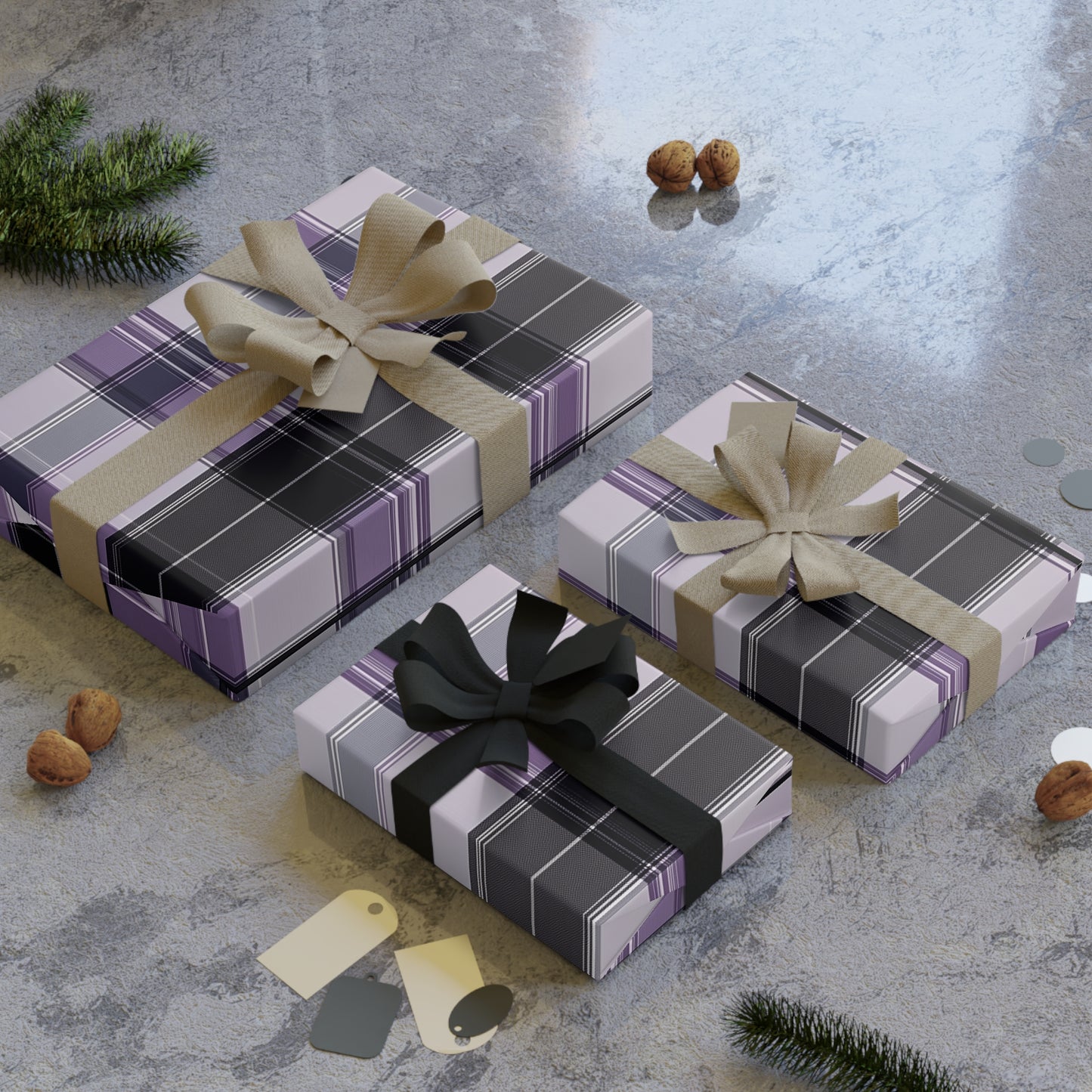Purple Lavender Cream Black Plaid Gift Wrapping Paper Rolls, 1pc
