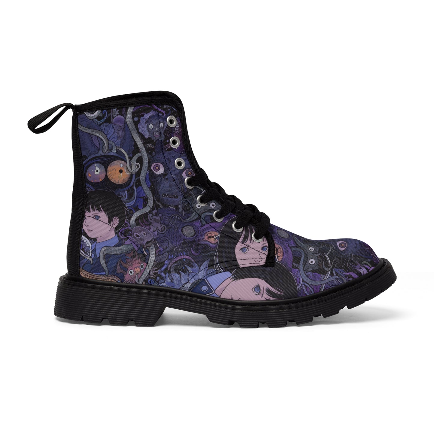 Purple Anime Horror Eyeball Wrapping Yokai Monster Faces Scene Men's Canvas Boots