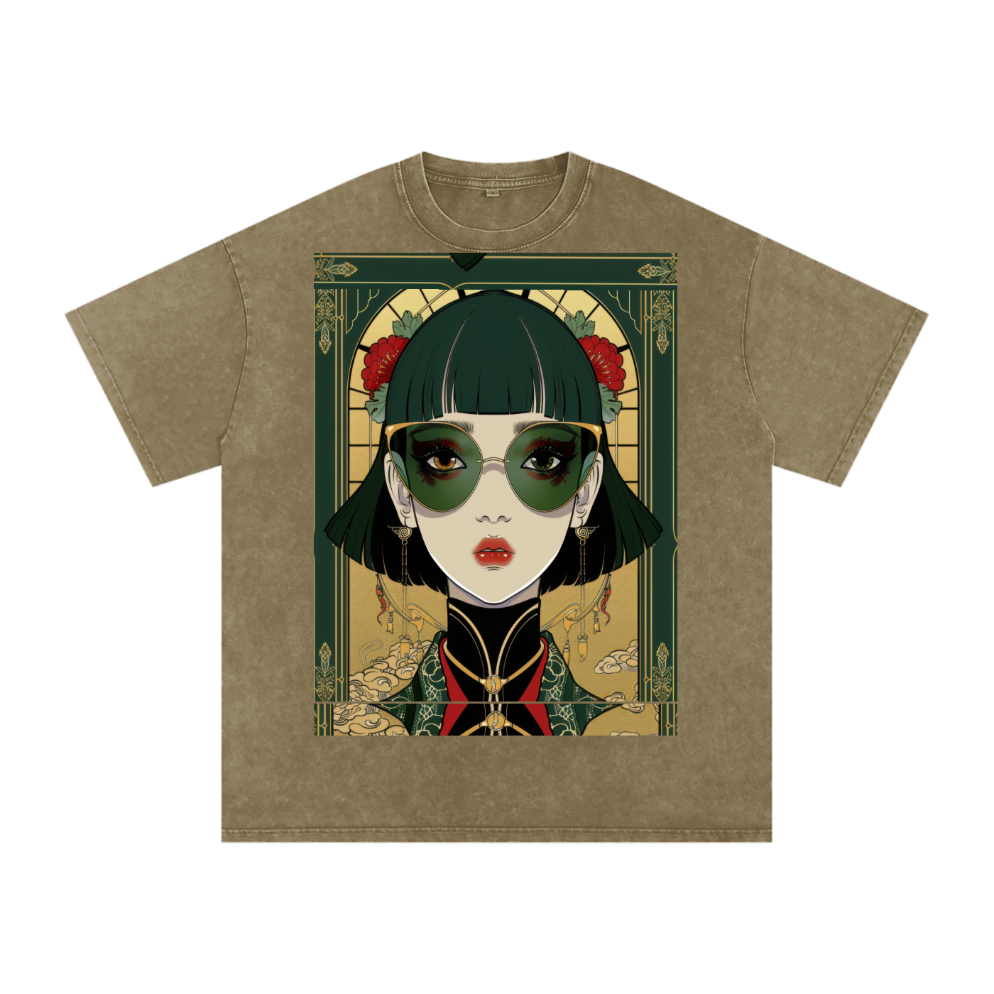 Green Steam Punk Avant Anime lady Unisex Tee Snow Washed Oversized Cotton T-Shirt
