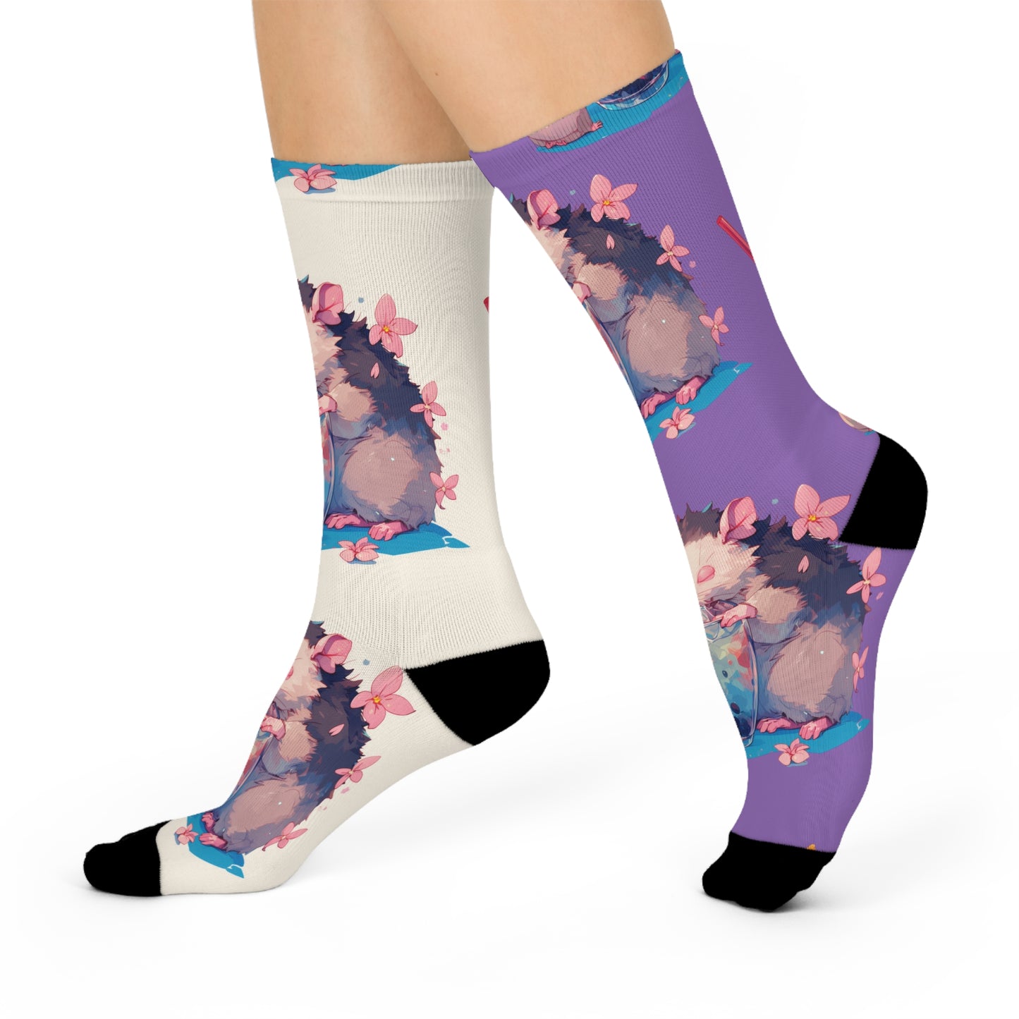 Opossum Boba Tea Watercolor Cherry Blossom Lavender Pastel White Cushioned Crew Socks
