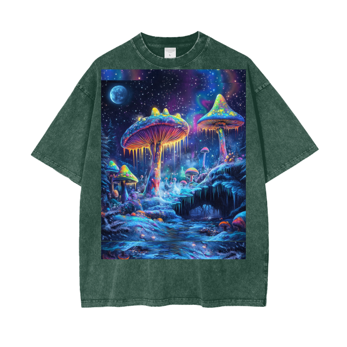Psychedelic Winter Moonlight Muscaria Ice Space Galaxies Festival Psy Acid Wash Oversize T-Shirt - 250 GSM