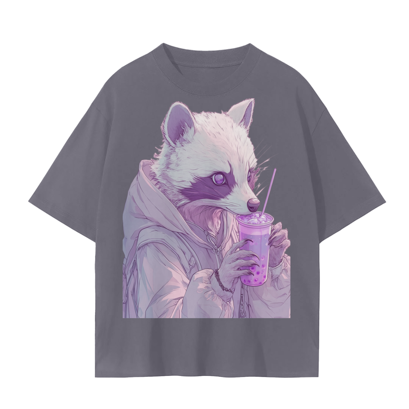 Pastel Pink Lavender Racoon Rainy Day Grunge Punk Anime Boba Tea - Cotton Unisex Seamless T-Shirt - 230 GSM