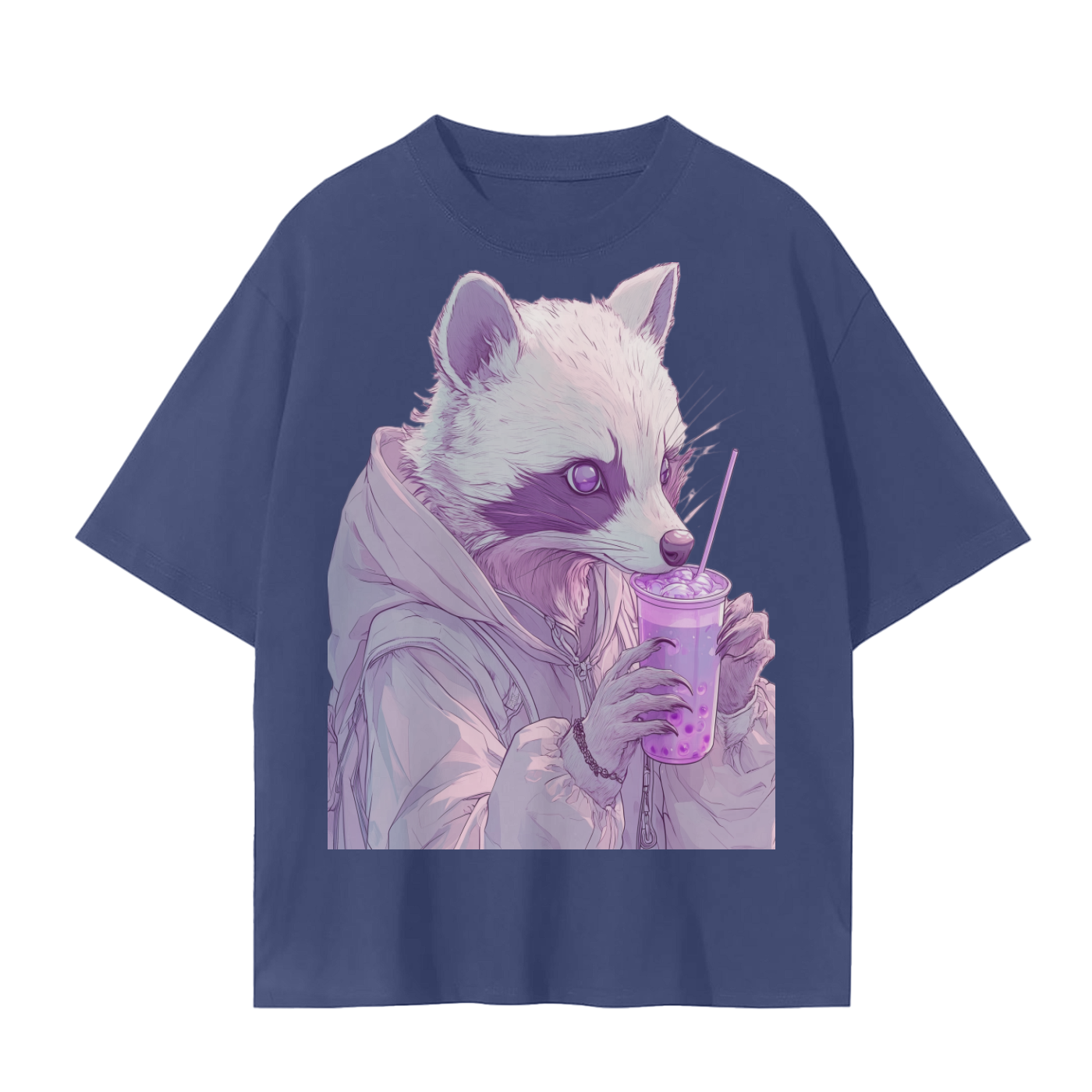 Pastel Pink Lavender Racoon Rainy Day Grunge Punk Anime Boba Tea - Cotton Unisex Seamless T-Shirt - 230 GSM