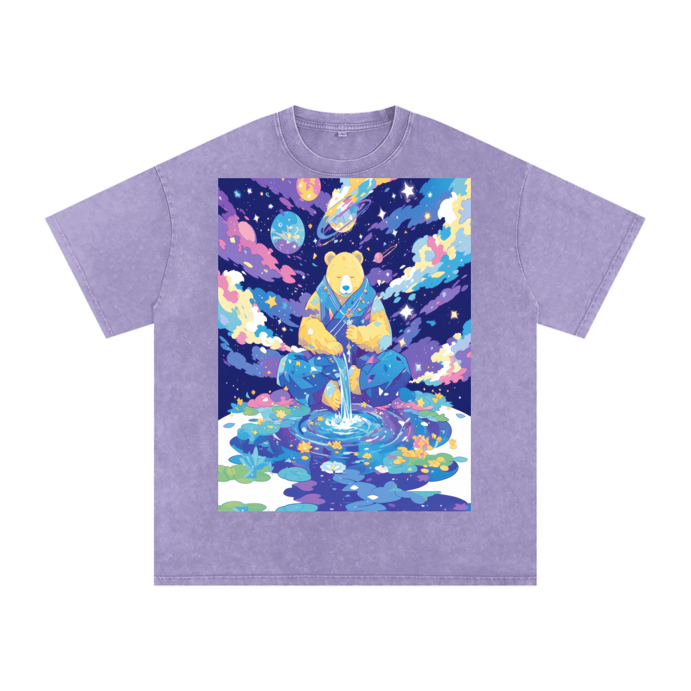 Bear Space GratefulGalactic Space Lotus Pond Drip Color Pond Unisex Tee Snow Washed Oversized Cotton T-Shirt