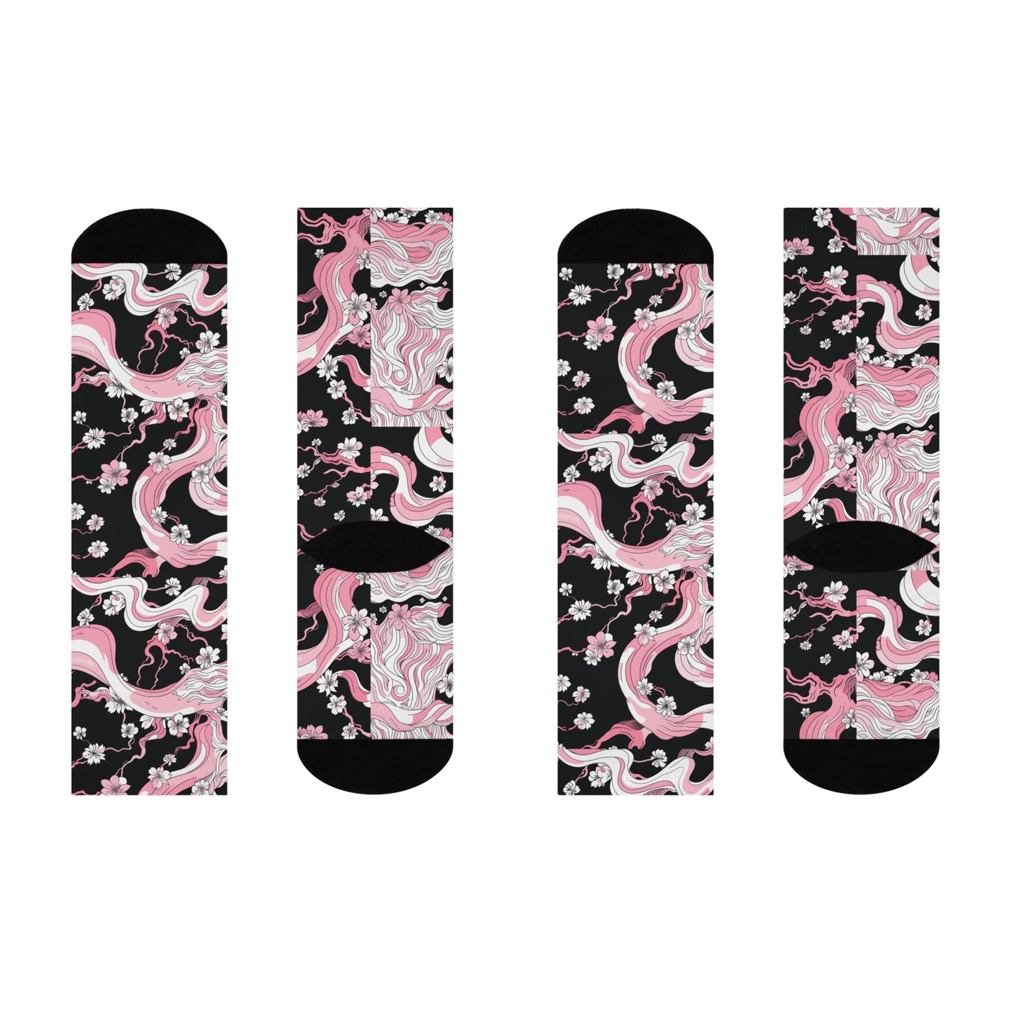 Pink Black Cherry Blossom Anime Japan Swirl Floral Cushioned Crew Socks