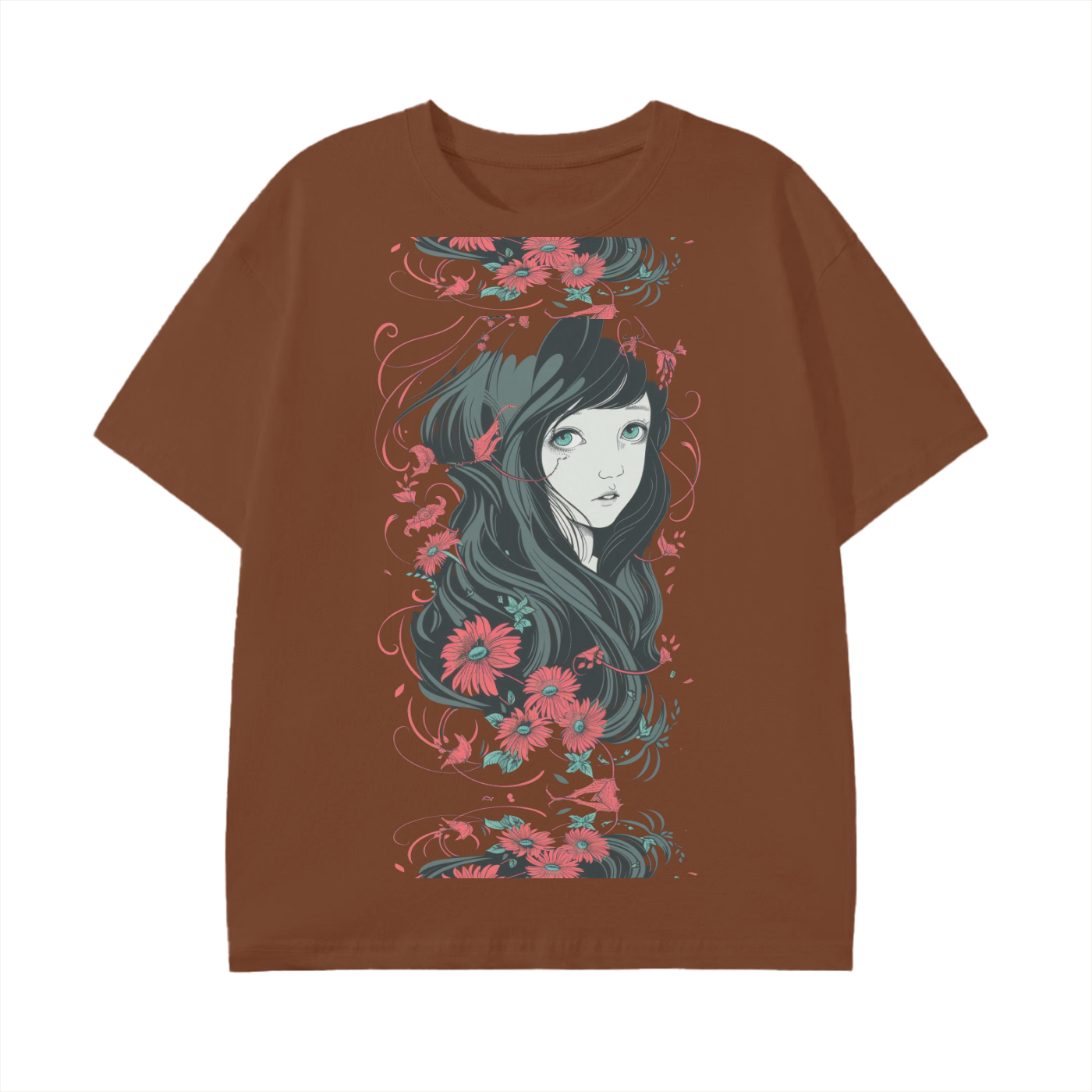 Black Charcoal Grey Floral Girl Profile Anime Unisex Reflective Mirror Profile Graphic Unisex Classic T-Shirt