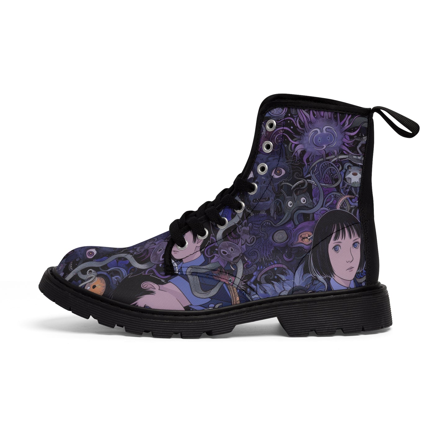 Purple Anime Horror Eyeball Wrapping Yokai Monster Faces Scene Men's Canvas Boots