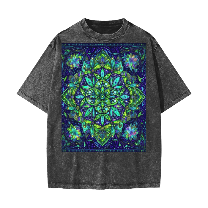 Lime Neon Blue Ice Snowflake Mandala Heart Chakra Sacred Geometry Burst Festival Psy Streetwear American Vintage Waxed Dyed Washed Heavyweight 100% Cotton T-Shirt