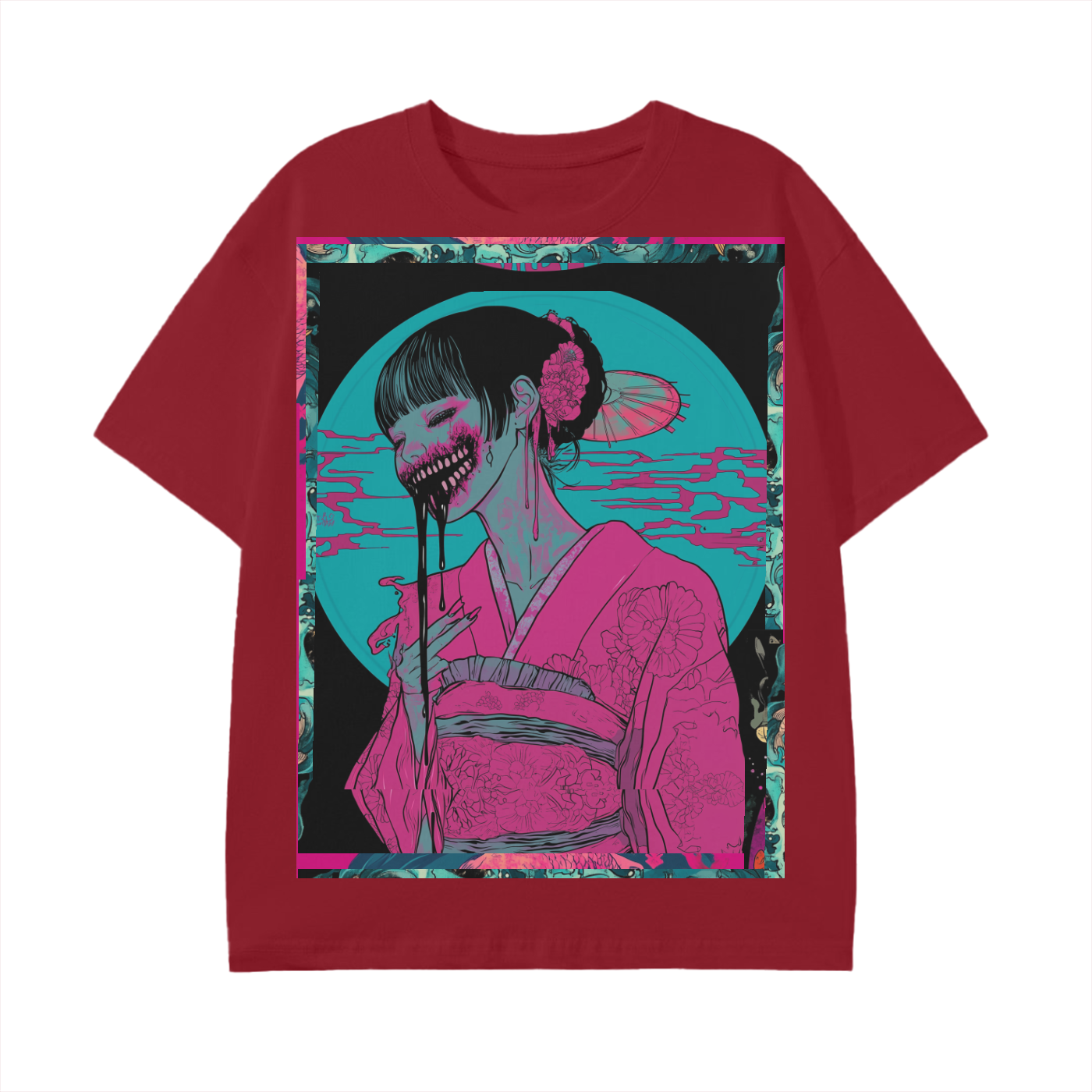 Kibuki Edo Pink Kimono Teal Moon Beach Night Dark Yokai Ohaguro Woman Unisex Classic T-Shirt - 180 GSM