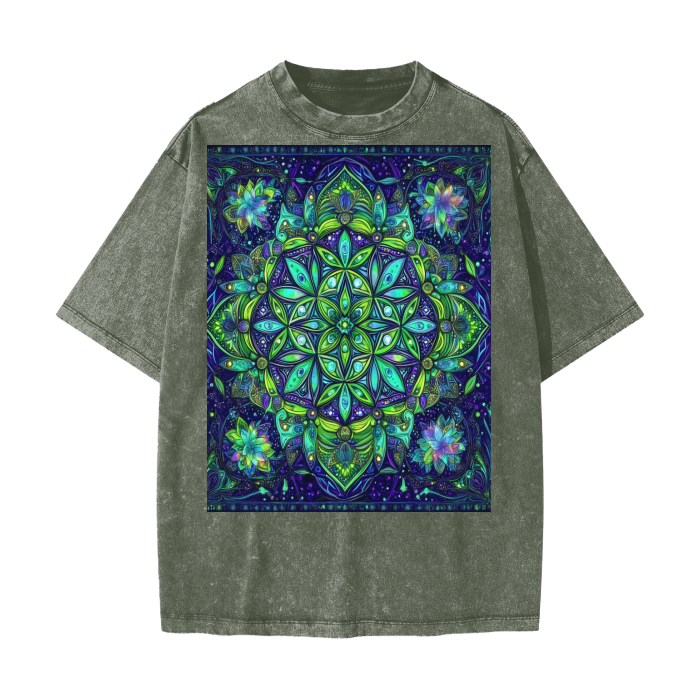Lime Neon Blue Ice Snowflake Mandala Heart Chakra Sacred Geometry Burst Festival Psy Streetwear American Vintage Waxed Dyed Washed Heavyweight 100% Cotton T-Shirt