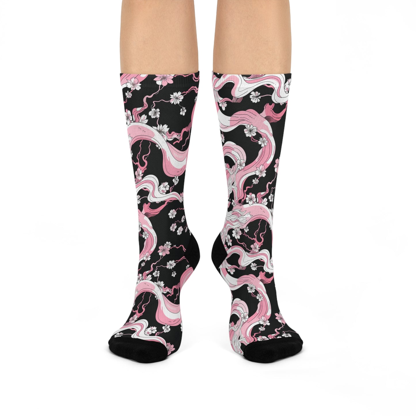 Pink Black Cherry Blossom Anime Japan Swirl Floral Cushioned Crew Socks