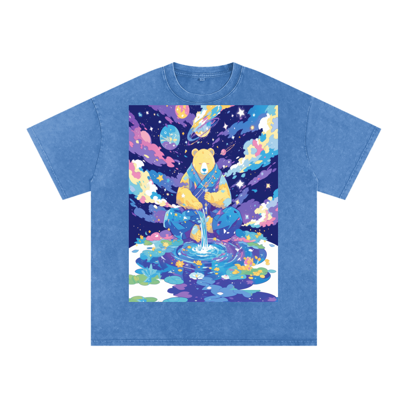 Bear Space GratefulGalactic Space Lotus Pond Drip Color Pond Unisex Tee Snow Washed Oversized Cotton T-Shirt