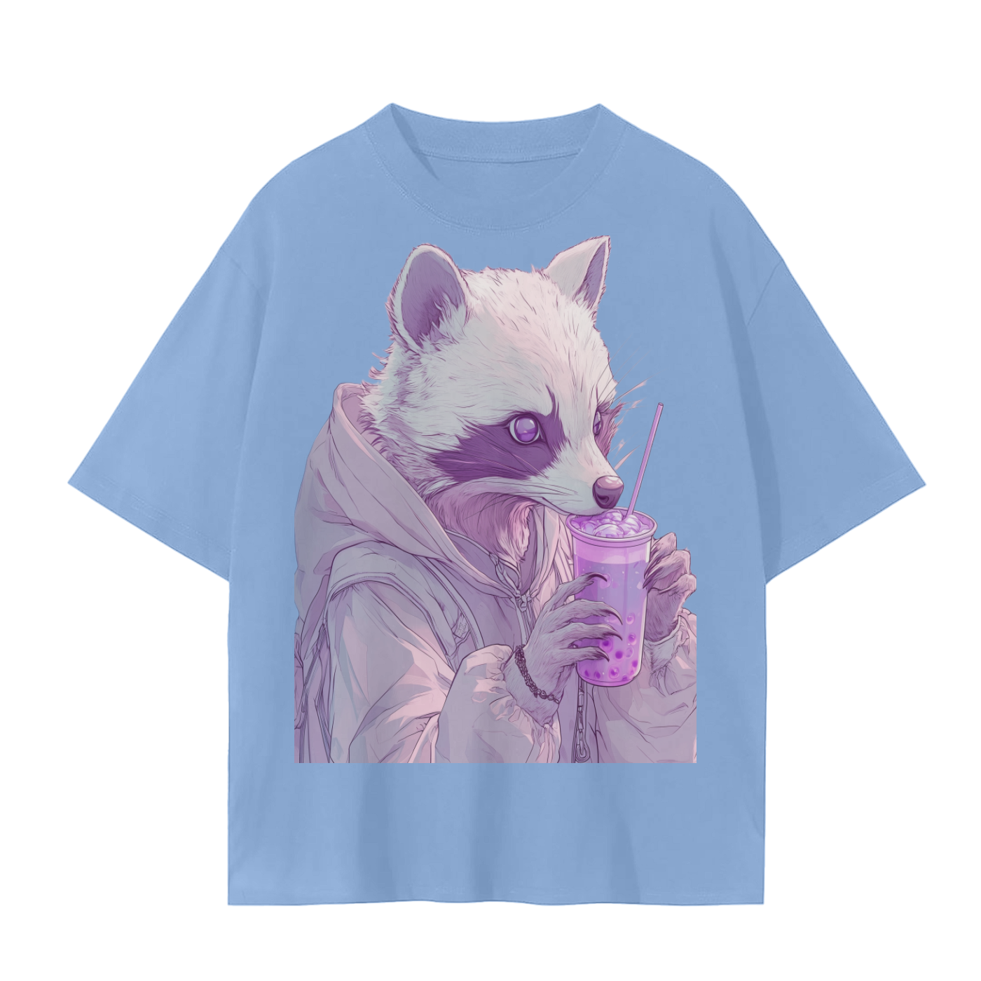 Pastel Pink Lavender Racoon Rainy Day Grunge Punk Anime Boba Tea - Cotton Unisex Seamless T-Shirt - 230 GSM