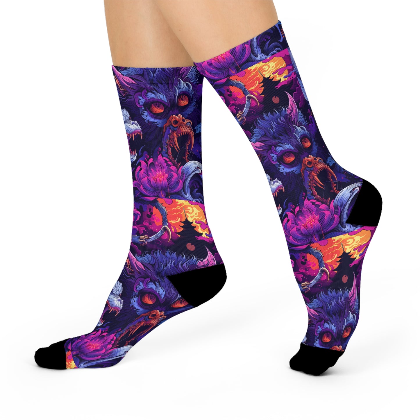 Purple Blue Sky Ancient Dragon Yokai Swirl Cushioned Crew Socks