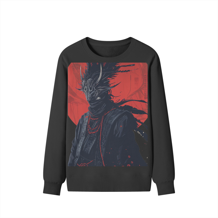 Rustic Crow Horned Samurai Night Sage Red Moon Streetwear Pullover Classic Sweater - 300 GSM
