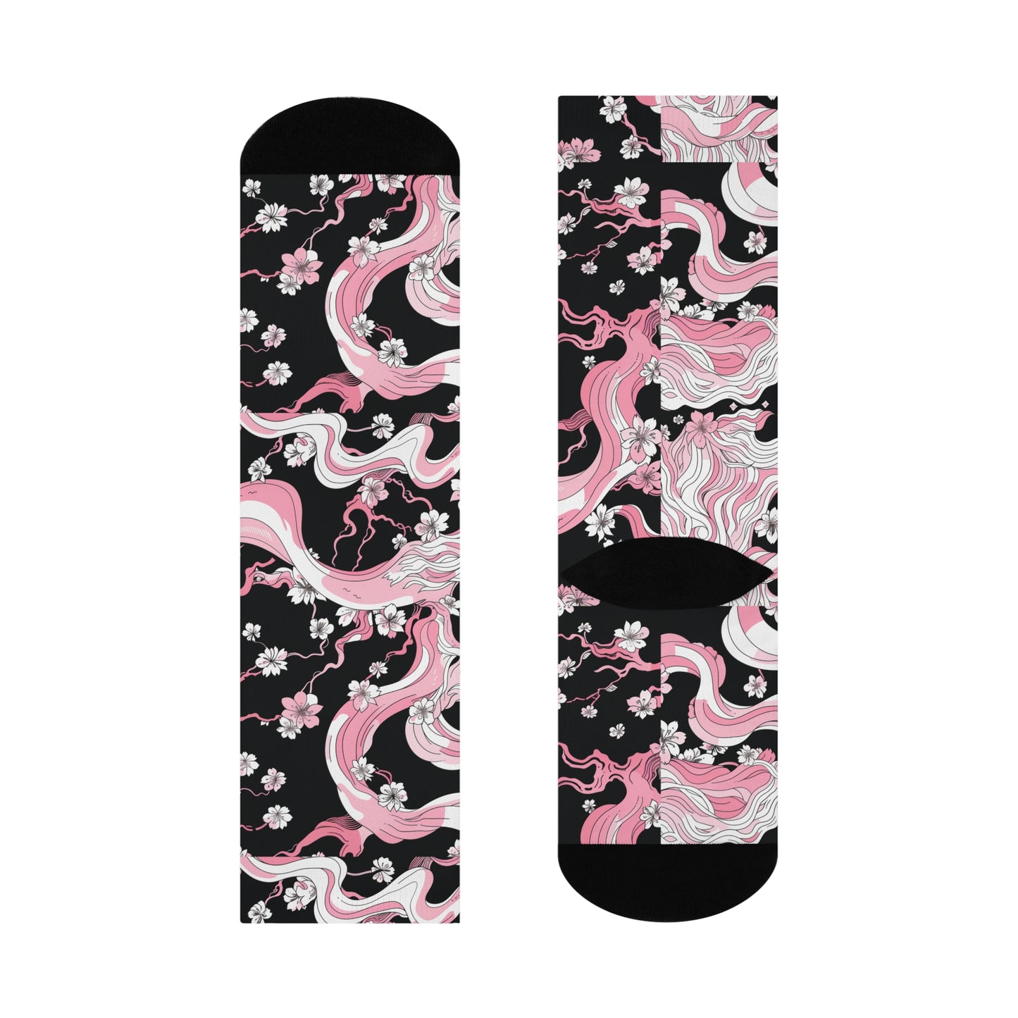 Pink Black Cherry Blossom Anime Japan Swirl Floral Cushioned Crew Socks