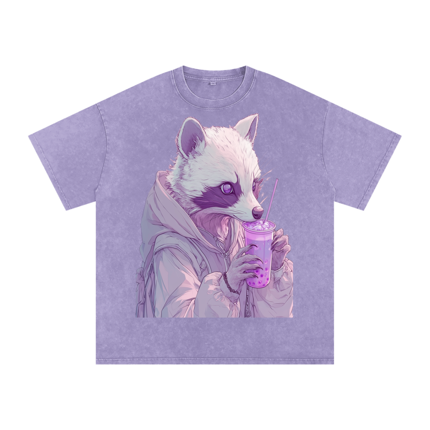 Pastel Pink Lavender Racoon Rainy Day Grunge Punk Anime Boba Tea Boyfriend fit Acid Wash Oversize T-Shirt - Cotton Acid Wash Oversize T-Shirt - 250 GSM
