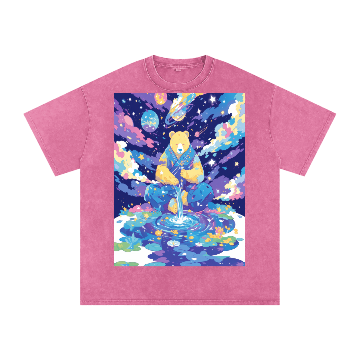 Bear Space GratefulGalactic Space Lotus Pond Drip Color Pond Unisex Tee Snow Washed Oversized Cotton T-Shirt