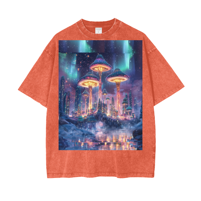 Mushroom City Northern Lights Borealis Bridge Psychedelic Dreamscape Festival Psy Streetwear Acid Wash Oversize T-Shirt - 250 GSM