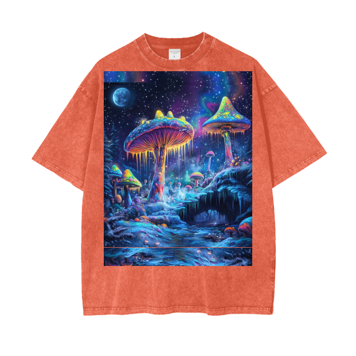 Psychedelic Winter Moonlight Muscaria Ice Space Galaxies Festival Psy Acid Wash Oversize T-Shirt - 250 GSM