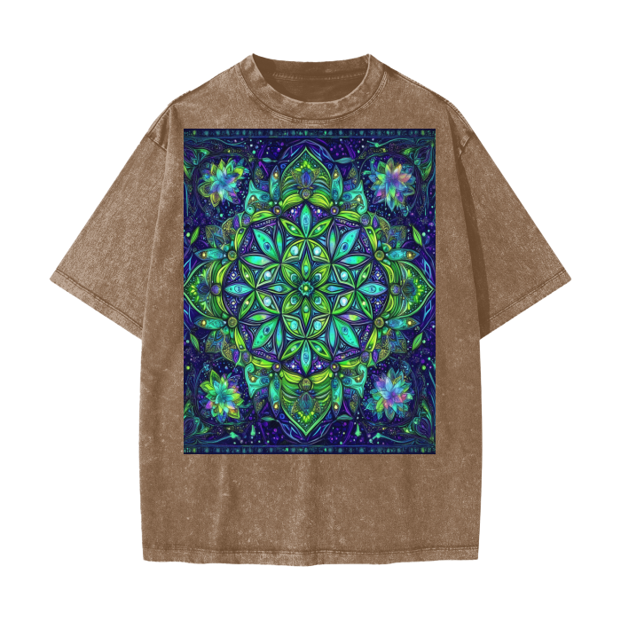 Lime Neon Blue Ice Snowflake Mandala Heart Chakra Sacred Geometry Burst Festival Psy Streetwear American Vintage Waxed Dyed Washed Heavyweight 100% Cotton T-Shirt