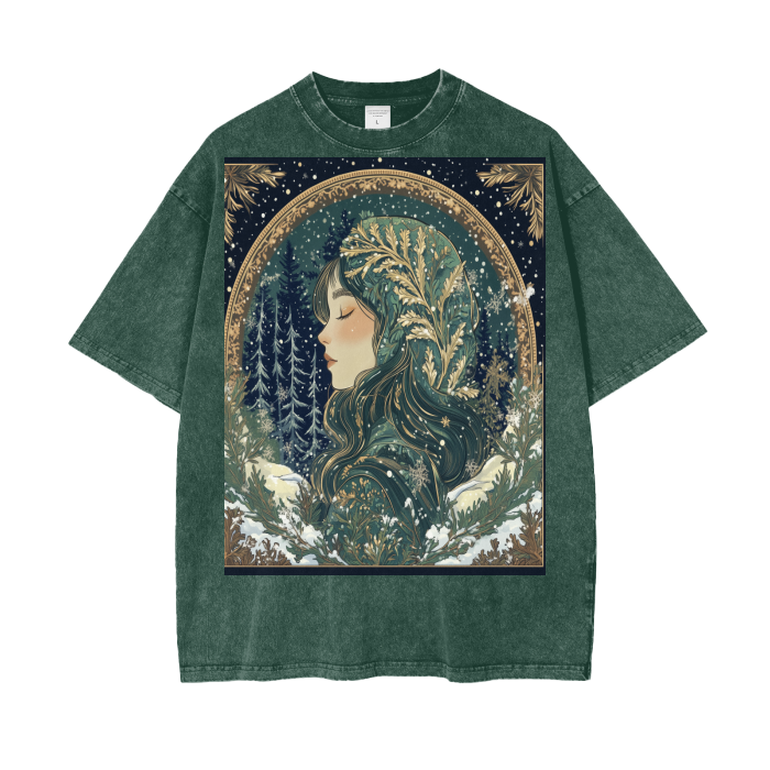 Gold Green Rustic Anime Silhoutte Border Snow Fairy Lady of the Woods Streetwear Acid Wash Oversize T-Shirt - 250 GSM