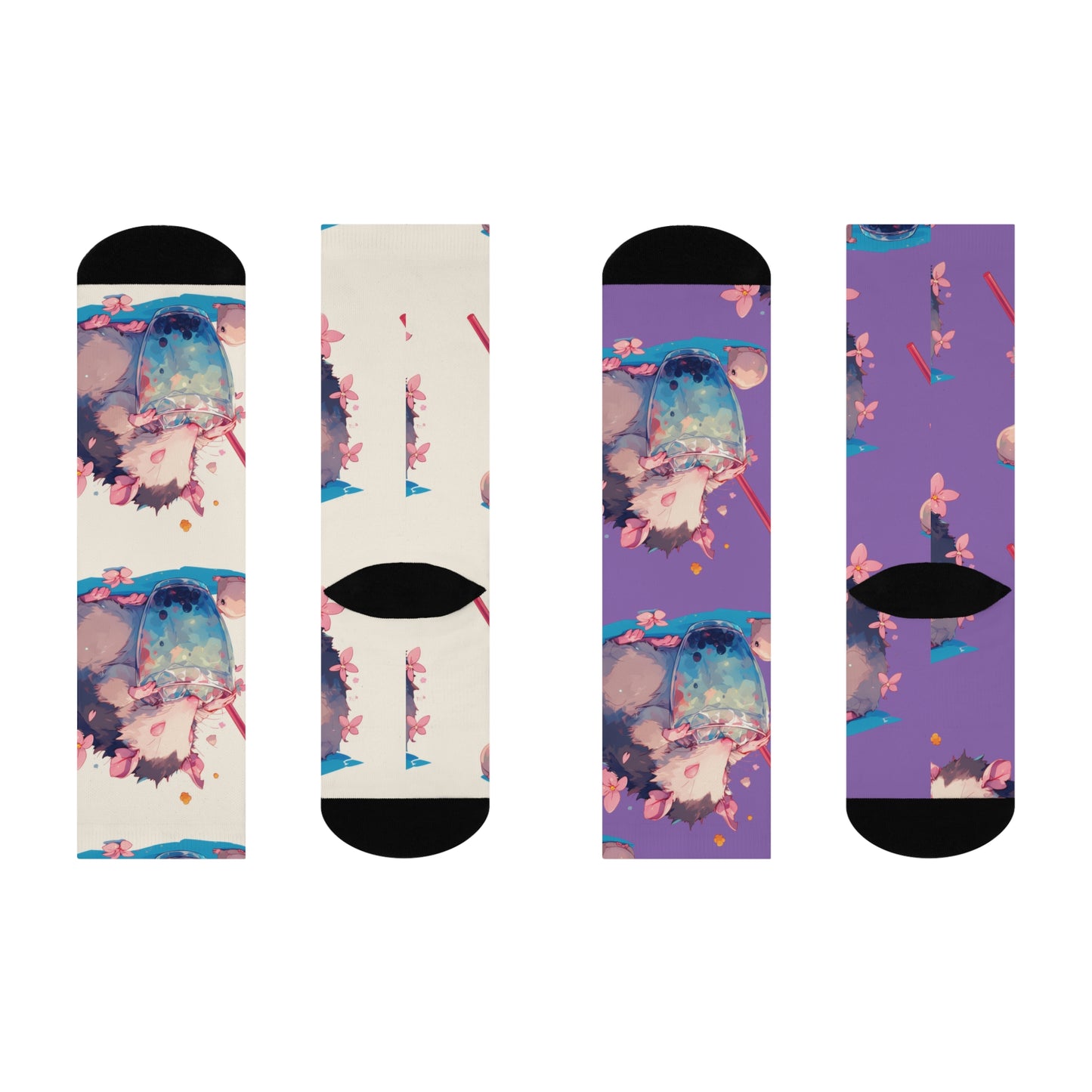 Opossum Boba Tea Watercolor Cherry Blossom Lavender Pastel White Cushioned Crew Socks