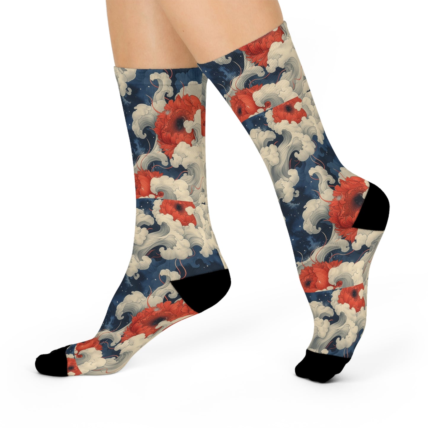 Skull Floral Waves Ancient Japan Anime Art Swirls Cushioned Crew Socks