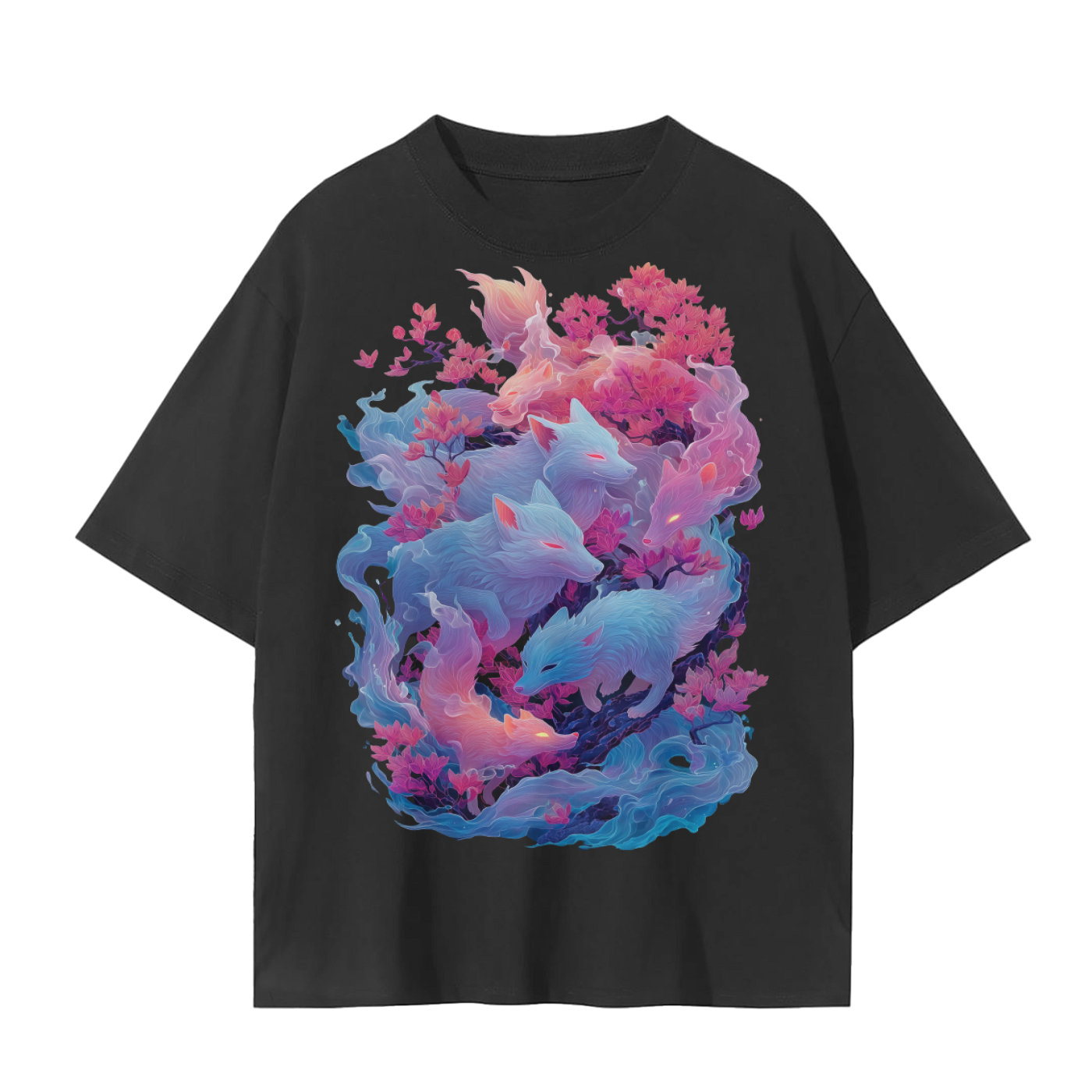 Cherry Blossom Fox Fire Ghost Spirit Yokai Unisex Seamless T-Shirt - 230 GSM