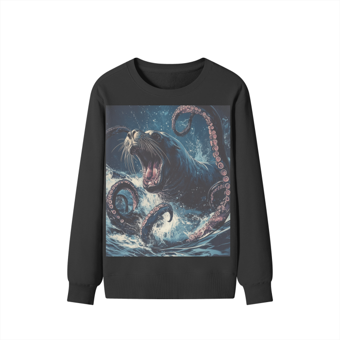 Roaring Sea Lion Kraken Rustic Sea Waves Streetwear Pullover Classic Sweater - 300 GSM