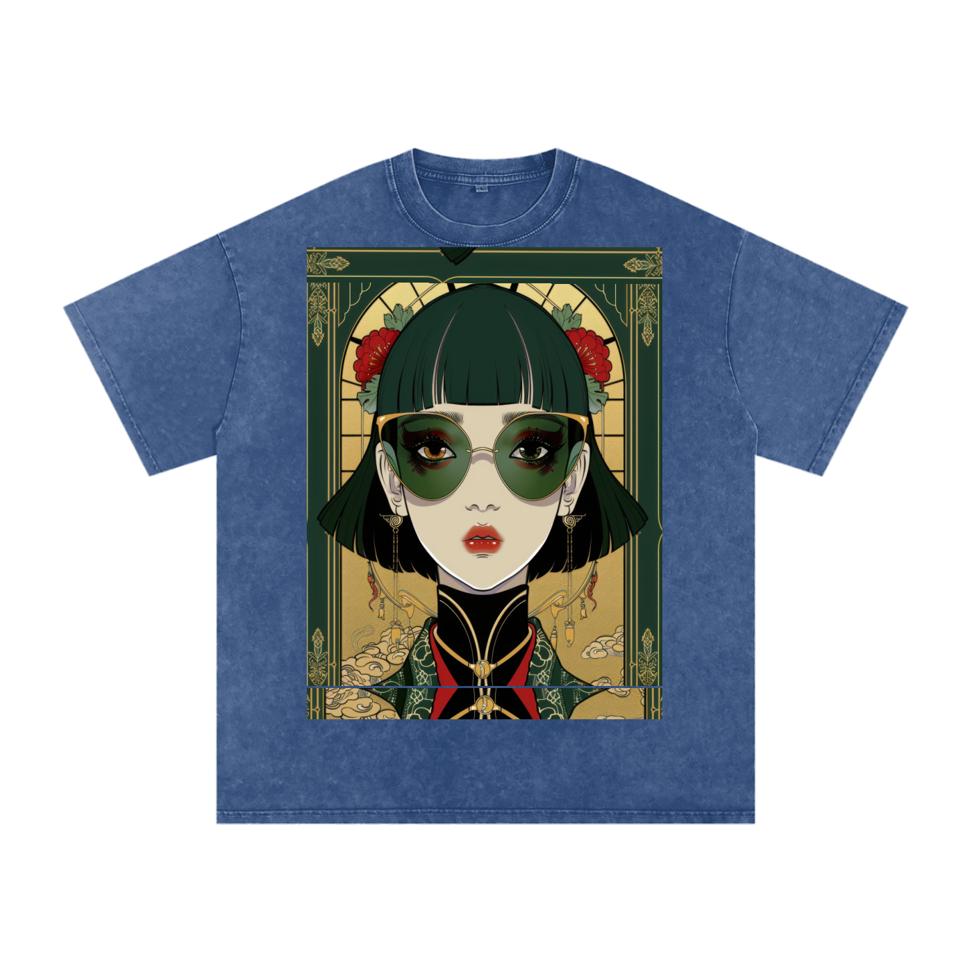 Green Steam Punk Avant Anime lady Unisex Tee Snow Washed Oversized Cotton T-Shirt