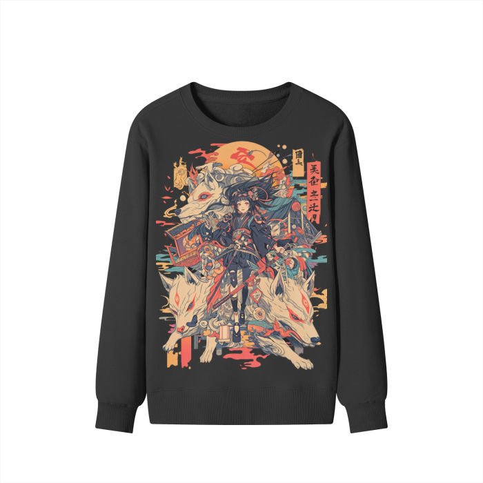 Sepia Fox Yokai Samurai Scroll Girl Streetwear Pullover Classic Sweater - 300 GSM