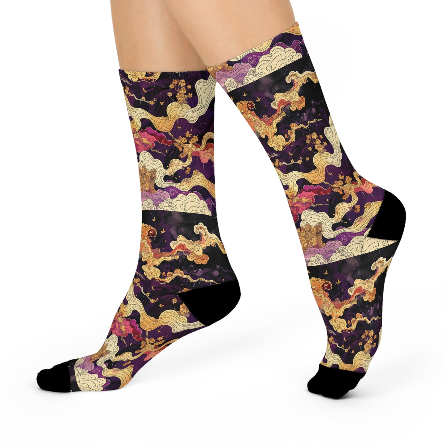 Purple Gold Regal Mystical Sky Swirl Anime Witch Cushioned Crew Socks