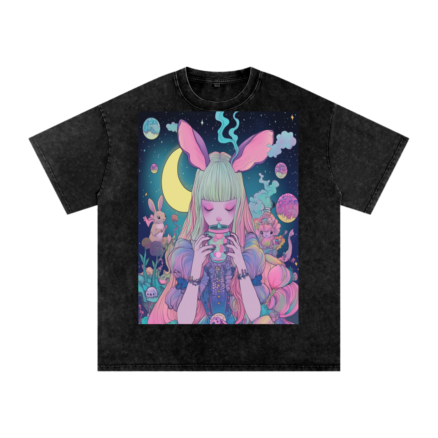 Tea Time Boba UV Pastel Alice SipTee by Moonlight Snow Washed Oversized Cotton T-Shirt