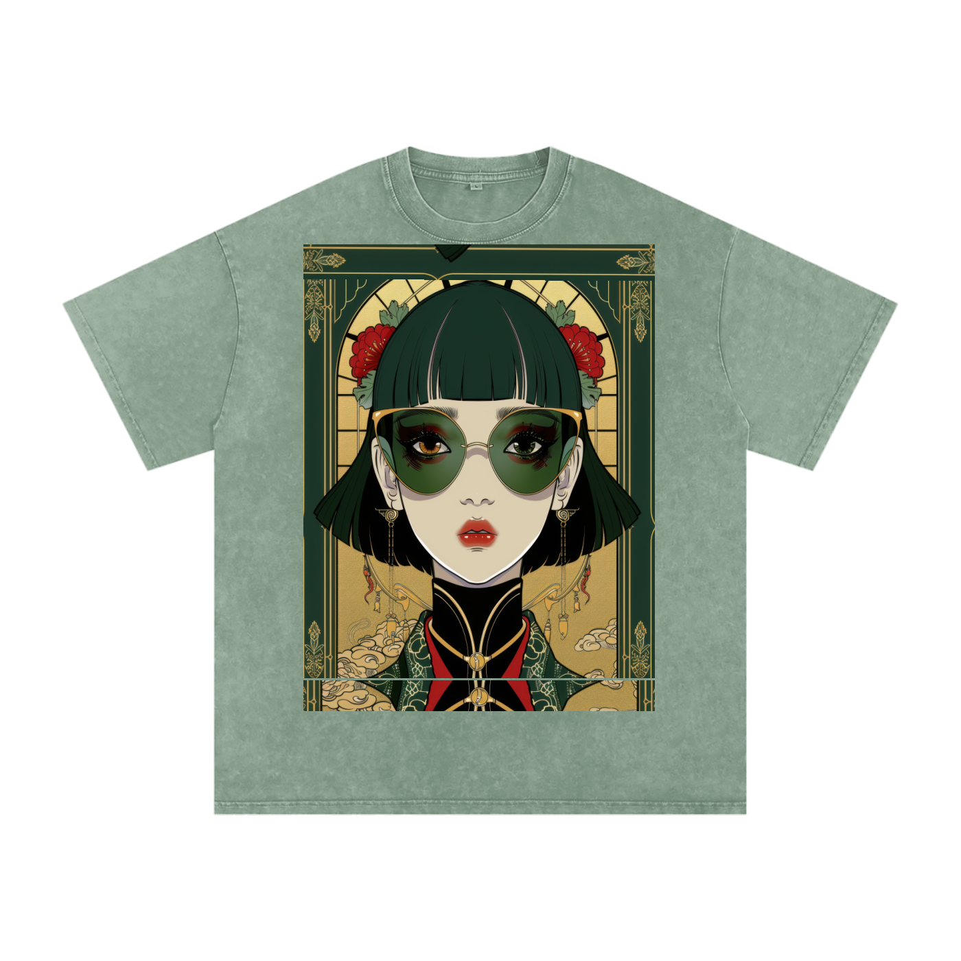 Green Steam Punk Avant Anime lady Unisex Tee Snow Washed Oversized Cotton T-Shirt
