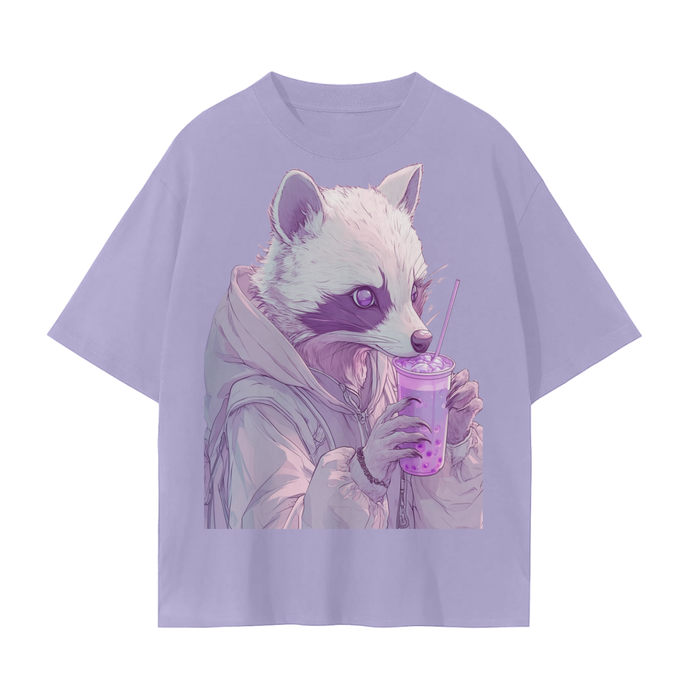 Pastel Pink Lavender Racoon Rainy Day Grunge Punk Anime Boba Tea - Cotton Unisex Seamless T-Shirt - 230 GSM