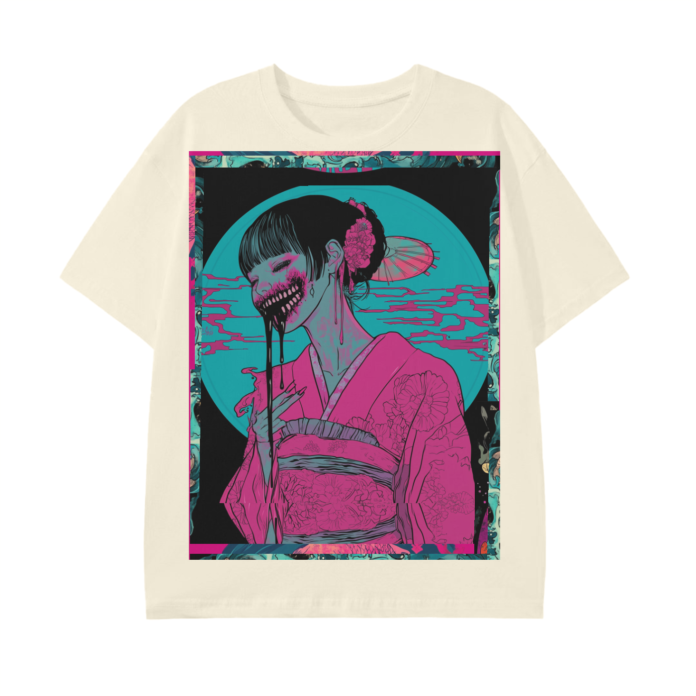 Kibuki Edo Pink Kimono Teal Moon Beach Night Dark Yokai Ohaguro Woman Unisex Classic T-Shirt - 180 GSM