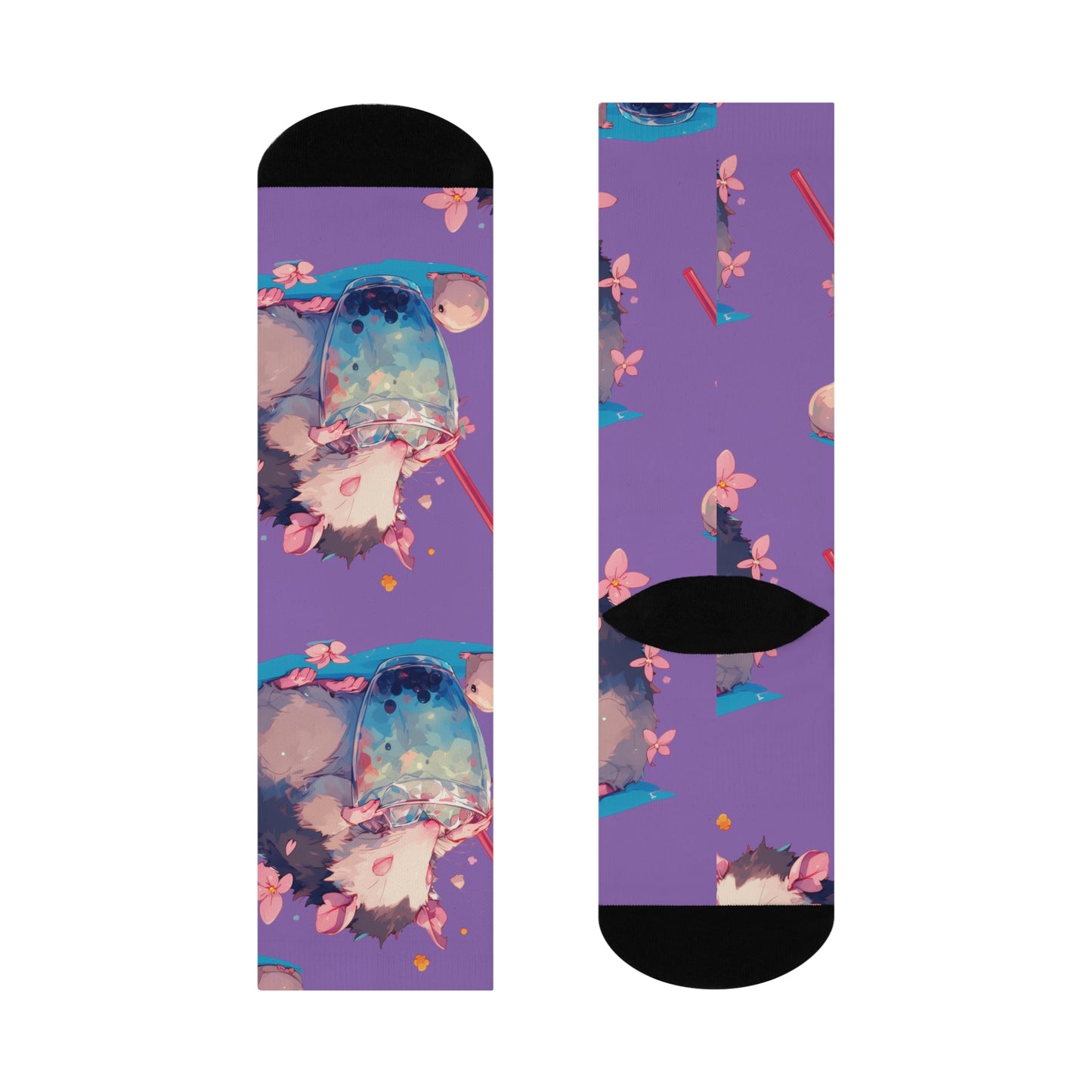Opossum Boba Tea Watercolor Cherry Blossom Lavender Pastel White Cushioned Crew Socks