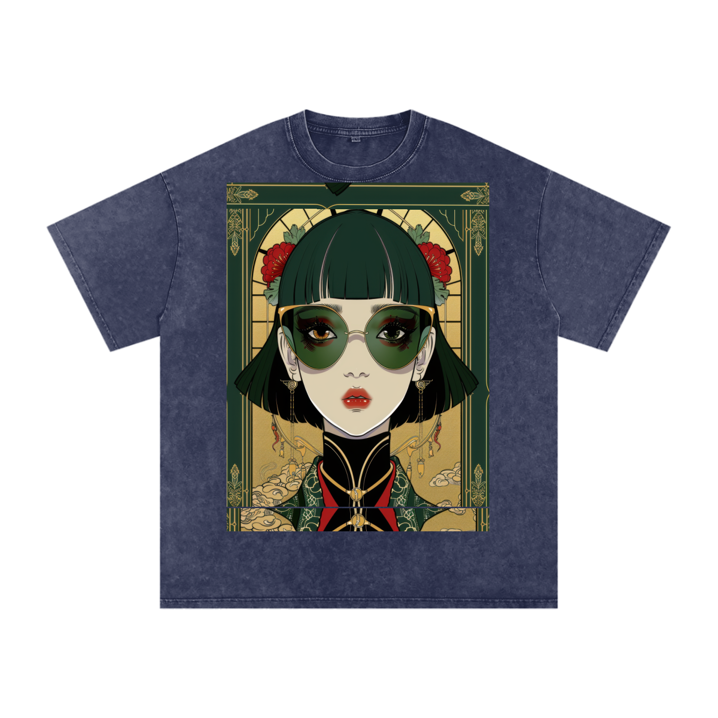 Green Steam Punk Avant Anime lady Unisex Tee Snow Washed Oversized Cotton T-Shirt