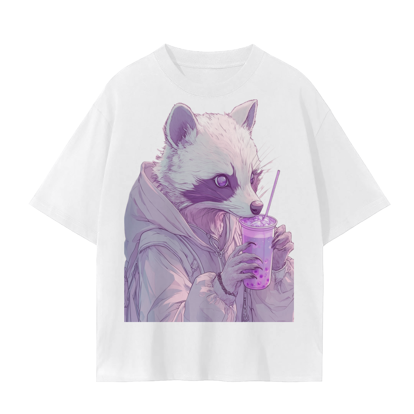 Pastel Pink Lavender Racoon Rainy Day Grunge Punk Anime Boba Tea - Cotton Unisex Seamless T-Shirt - 230 GSM