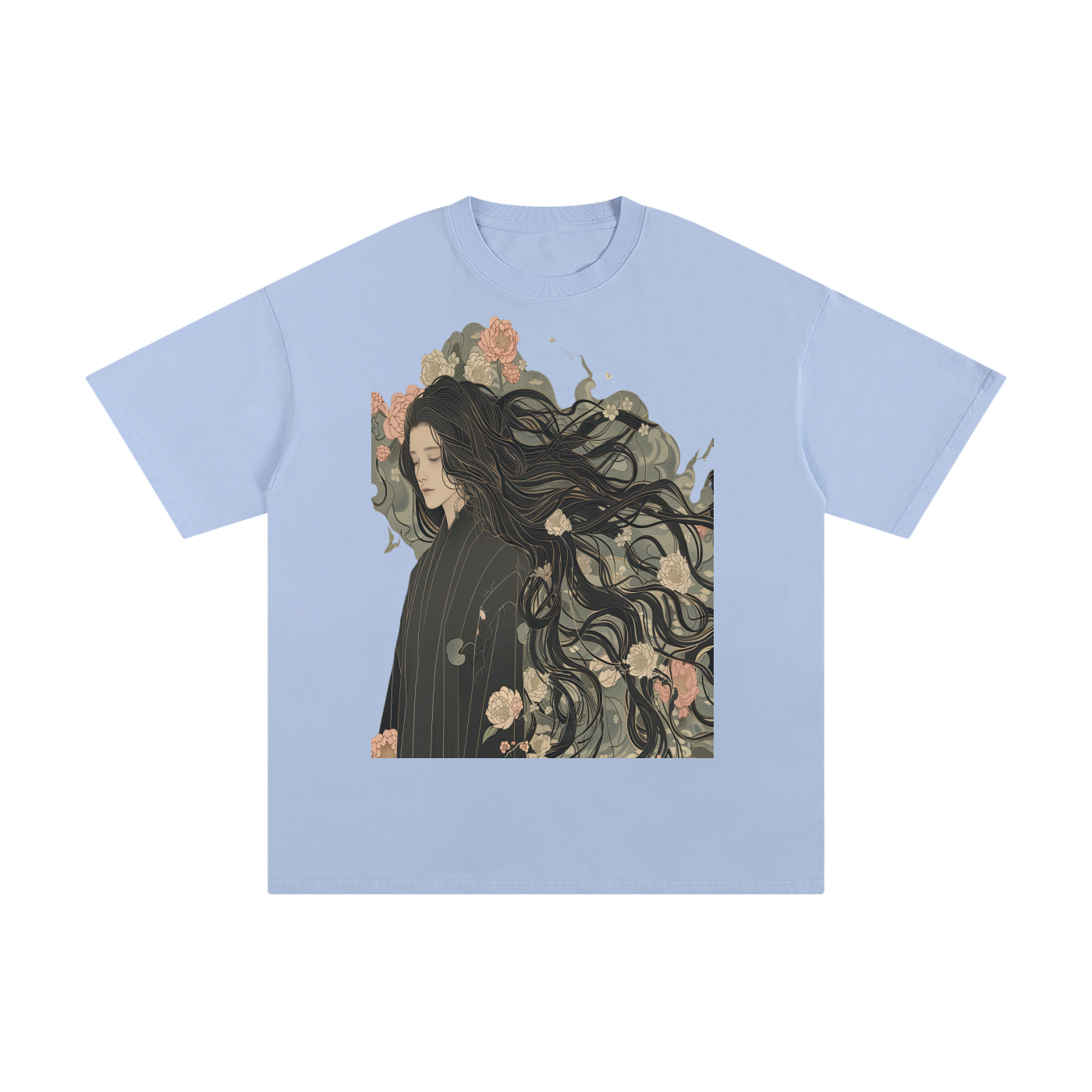 Floral Grey Elegant Cherry Blossom Kimono Man long hair Pure Cotton T-Shirt